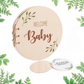 FEISHIONG Baby Shower Guest Book,80 Pages Round Wooden Keepsake with Watercolour Design, Wood Guestbook Keepsake Gift for New Parents,Gender Neutral