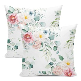 AEIOAE Spring Sage Green Leaves Pillow Covers 18x18 Inch Set of 2,Watercolor Pink Red Eucalyptus Floral Throw Pillows Case,Flower Print Decorative Cushion Covers Outdoor Leaf Decor for Home Sofa Bed, BZ24030814