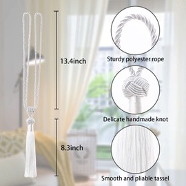 NICEEC 2 Pack Long Tassel Curtain Tiebacks Handmade Braided Rope Knot Drape Tie Backs European Style Decorative Curtain Holdbacks for Home & Office Window Drapery (White)