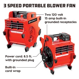 Powerbuilt 3 Speed Portable Blower Dry Fan, Adjustable 3-Speed, Shop Dryer, Wet Carpet, Paint, Built-in Outlets - Red 642259