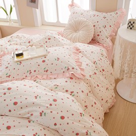 MKXI Strawberry Print Comforter Set - Pink and White Ruffled Bedding with Floral Accents, Soft Microfiber, 3-Piece Queen Size, Lightweight and Cozy for Kids, Teens, and Adults