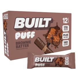 BUILT Bar Puff Protein Bars - Brownie Batter - 17g Protein Snack Bars with Collagen - Calorie Conscious & Gluten Free - 12 Count