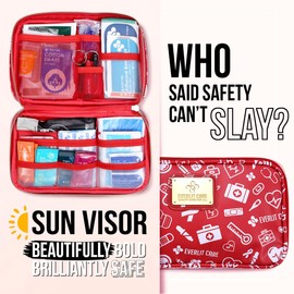 Everlit Care Car Sun Visor First Aid Kit Multi-Pocket Visor Organizer Storage Pouch with Survival Emergency Tools Including Window Breaker Disposable Urine Bag for Family Travel in Cars (RedMed)