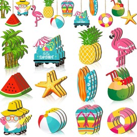 Bogoro Pack of 36 Tree Decorations Summer, Summer Beach Wooden Pendants, Hawaii Decorative Wood, Hawaii Wooden Gift Tags, Summer Tree Hanging Wooden Discs for Summer Hawaiian Tropical Party