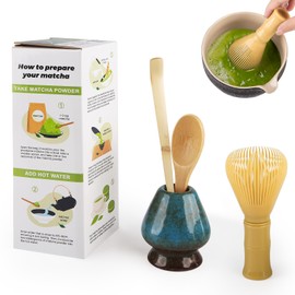 Matcha Set 4 Pieces Japanese Ceremony Resin Matcha Whisk Bamboo Spoon Bamboo Shovel Whisk Holder Perfect Set for Preparation Blue