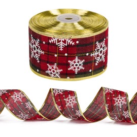 RUSPEPA Wired Christmas Holiday Ribbon - Red and Green Plaid Burlap Ribbon with White Snowflake Design - 63 mm x 22 m Each Roll - Gold Wired Edge