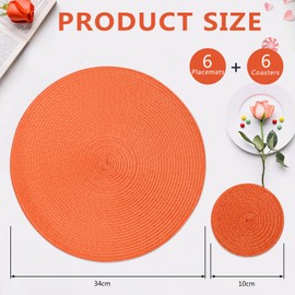 Homcomodar Round Placemats and Coasters Set of 6 Braided Woven Table Place Mats for Dining Table(Orange)