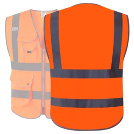 J.K 9 Pockets Class 2 High Visibility Zipper Front Safety Vest With Reflective Strips, Yellow Meets ANSI/ISEA Standards (Medium) (X-Large, Orange)