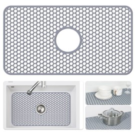 Silicone Sink Mat - Protectors for Kitchen Sink with Center Drain, 26"x 14" Kitchen Grid Accessory, Non-Slip Heat-Resistant Mat for Bottom of Farmhouse Porcelain Stainless Steel (Center Hole)