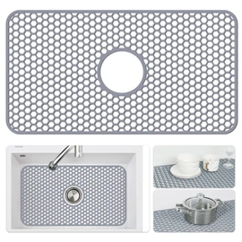 Silicone Sink Mat - Protectors for Kitchen Sink with Center Drain, 26"x 14" Kitchen Grid Accessory, Non-Slip Heat-Resistant Mat for Bottom of Farmhouse Porcelain Stainless Steel (Center Hole)