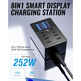 SABRENT Charger, 252W 8-Port Desktop Charging Station w/Real-Time LCD Display, UL Certified | USB C/A, Compatible with MacBook, iPhone, Samsung Galaxy, and Tablets