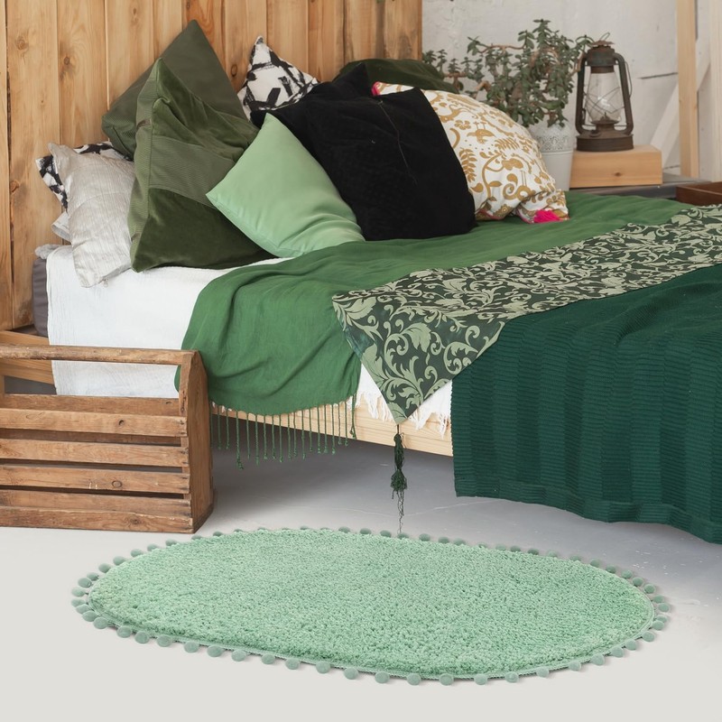 YIRDDEO Sage Green Pom Bath Rug for Bathroom Non Slip,