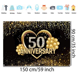Happy 50th Anniversary Banner Background Decorations, Wedding Anniversary 50th Happy Anniversary Party Poster Accessories Fabric Sign Poster, Black Gold Anniversary Decor, 1.5m