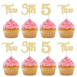 24 piezas de decoración para cupcakes de 5º cumpleaños con purpurina para quinto cumpleaños, cinco púas para cupcakes para baby shower, 5º cumpleaños, aniversario, fiesta, decoración de pasteles, suministros dorados