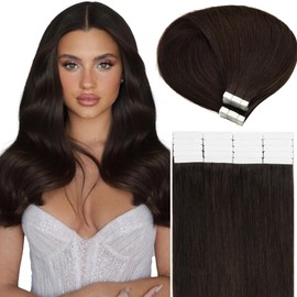 Caliee Darkest Brown Tape in Hair Extensions 16Inch Double Side Seamless Tape ins Natural Hair 50G Thick Ends Hair Extensions Real Human Hair Tape in 20Pcs