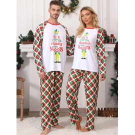 JAXUH Christmas Pajamas for Family Matching Sets, Funny Print Long Sleeve Tops and Plaid Pants Pajama, Cute Xmas Holiday PJs 2 piece Jammies Sleepwear for Couples and Adult (4-6 Years, Youth, Elf)