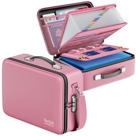 DocSafe Fireproof Document Box with Lock＆Shoulder Strap,Hard Case File Organizer with Accordion File Folder,Multi-Layer Portable Home Office Travel Safe Storage for Important Documents Laptop Pink
