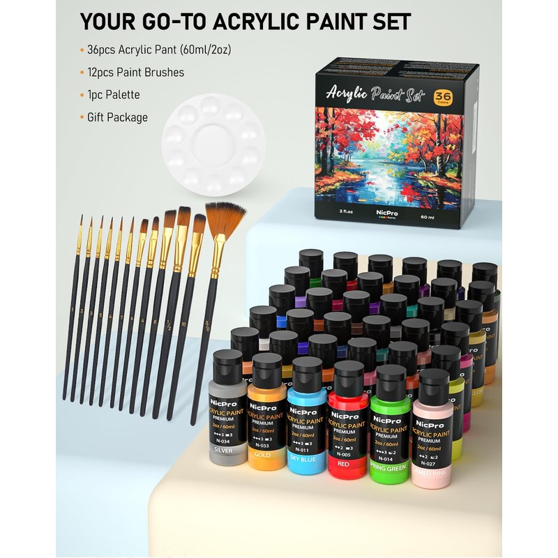 Nicpro 36 Colors Acrylic Paint Set with 12 Brushes &