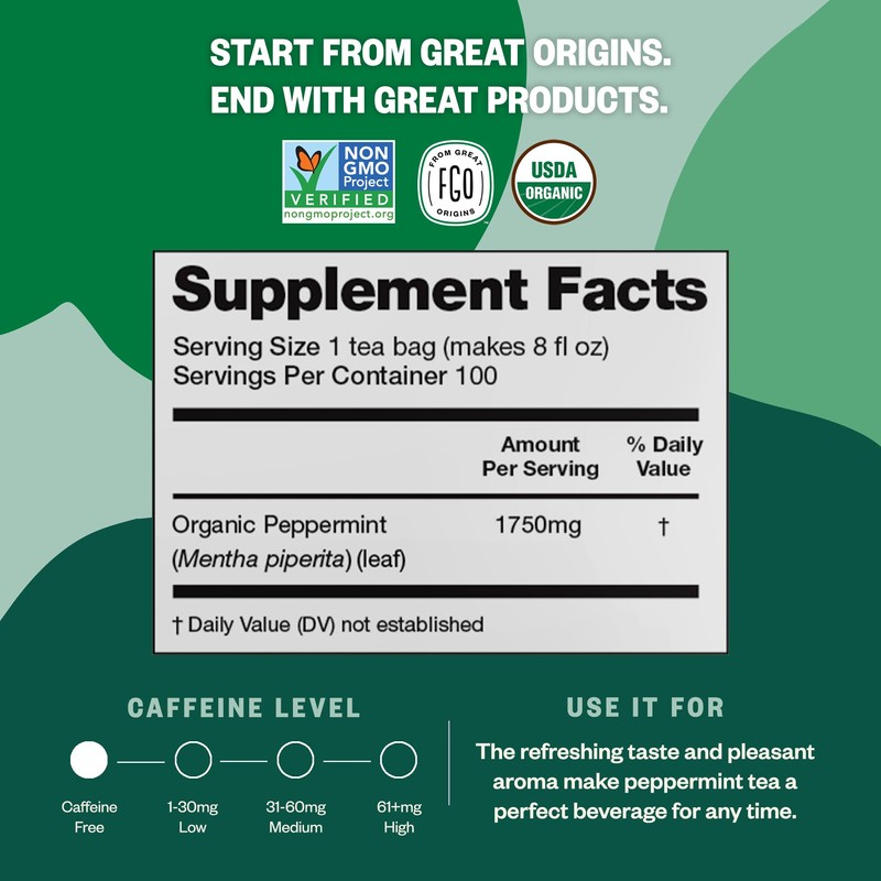 FGO Organic Peppermint Tea, 100 Count, Eco-Conscious Tea Bags, Caffeine