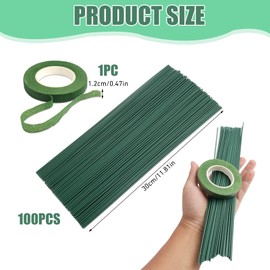 Pack of 100 Green Flower Wires, 30 cm, Green Plug-In Wire, Flower Trunk Wire, Green, Plastic-Coated Plug-In Wire Including 1 Roll Florist Ribbon for DIY Flower Arrangements, Artificial Flowers