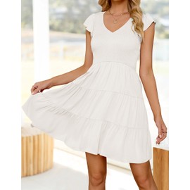 ZESICA Womens 2024 Summer Casual V Neck Flutter Sleeve Bohemian Ruffle Smocked A Line Swing Mini Dress,White,Medium