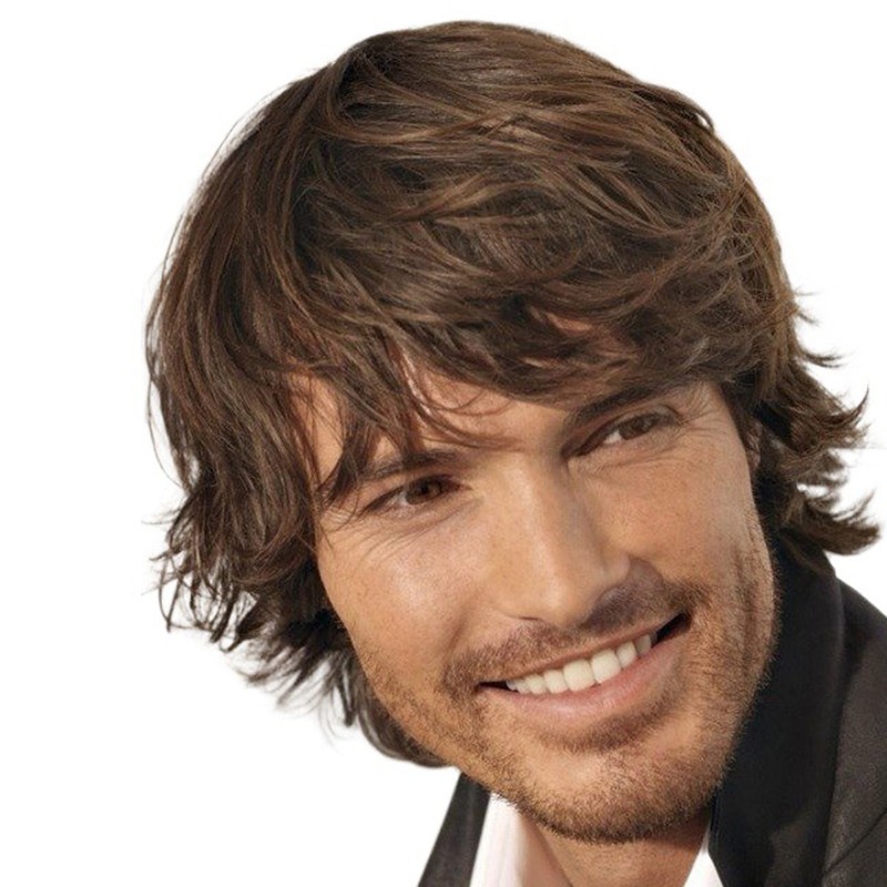 Mens Short Wig with Long Bangs Adjustable Brown Soft Simulation