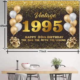 Vintage 1995 Birthday Banner Backdrop, Black and Gold Sign Banner, Cheer to 30 Years Happy Birthday Banner, 30th Birthday Party Supplies for Men Women Birthday Party Photography Decor Glitter Favors