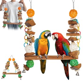 unimaxlink 3-in-1 Parrot Toys Natural Coconut Fiber Parrot Hammock (Swing + Perch + Chew Toy) Natural Bird Perches for Medium Large Birds - 23" Bird Toys for Parrots Stand