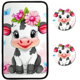 RWUTYTIUL Universal Auto Center Console Pad and 2Pcs Car Coasters Set, Anti Slip Soft Neoprene Car Armrest Seat Box Cover Protector for Most Vehicle - Car Interior Accessories, Flower Cute Cow
