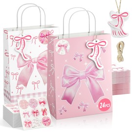Onteftshop 24 Pcs Pink Bow Paper Gift Bags with Handles, Coquette Pink Bow Birthday Party Decoration Candy Bags Cute Girls Pink Bow themed Gift Bags for Bridal Engagement Baby Shower Party Supplies
