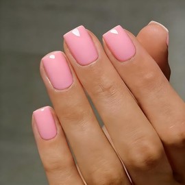 SXVME Uñas postizas cortas cuadradas de gel suave, 30 piezas, 15 tamaños, rosa bebé brillante, uñas postizas cortas, reutilizables, gruesas, con pegam