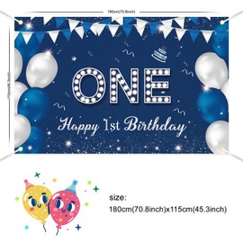 JOYKY Happy 1st Birthday Banner, Blue Silver Happy 1st Birthday Party Decorations for Boys, One 1 Year Old Birthday Supplies Backdrop Décor, 5.9 X 3.8 Fts