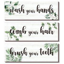 DONFENTHY 3 Pcs Green Bathroom Rules Wall Decor Green Bathroom Decors Wooden Sign Wash Your Hands Hanging Wall Art Green Accessories for Bedroom Living Room Office Kitchen Decor(Green Leaves 12X4)