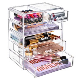 Sorbus - Set de organizador de maquillaje acrílico, 6 cajones, organizador de cosméticos para tocador y mostrador con cajones pequeños y anchos, almacenamiento de maquillaje transparente para brochas