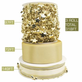 318 Feet Artificial Pearl and Star String, Satin Ribbon & Glitter Organza Ribbon for Wrapping Bouquet Birthday Gift Decorating Christmas Tree or Party Garland Wedding Centerpiece Vase Filler (Gold)
