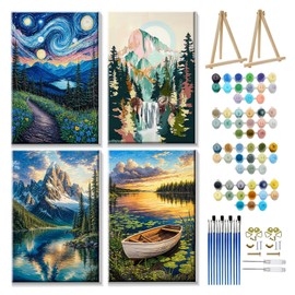 JOOZ 4 Pack Paint by Numbers Kit for Adults with Frame Mountain Paint by Number with Easel DIY Lake Adult Paint by Number Kit on Canvas Boat Oil Painting Kits for Home Wall Decor 8x12 Inch