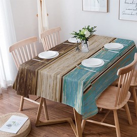 Teal Turquoise Tablecloth Waterproof Oil-proof Tablecloths, Retro Wood Green and Brown Outdoor Table Cloth Dining Table Cover Cloth for Kitchen Party Holidays Tabletop Rectangle Tablecloth 60x84 Inch