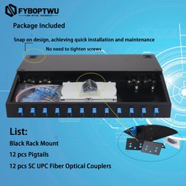 FYBOPTWU-12 Singlemode 12 Port SC-UPC Fiber Optic Rack Mount Enclosure Box & Splice Trays Fiber Cables Kit (Include Pigtail & Couplers), 12 Core LGX Loaded Patch Panel Box fits for 19" Racks Cabinet