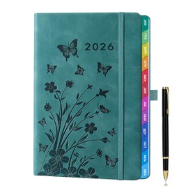 2026 A5 Week-to-View Diary & Planner (Jan 2026 - Dec 2026) – Teal, Floral Design, with Colorful Monthly Tabs, Elastic Pen Holder, 2 Bookmarks, Pen Loop, and Inner Pocket