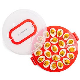 Crafted Containers Deviled Egg Carrier with Lid & Handles, 22-Count Portable Tray, Dishwasher-Safe – Red