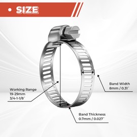 24 Pack 3/4" - 1 1/8" Worm Gear Hose Clamps, Adjustable Range 19-29mm 304 Stainless Steel Fuel Line Hose Clamps for Pipe, Plumbing, Automotive and Mechanical Application