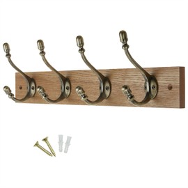 Keypak Rustic Wall-Mounted Coat 4 Hook Rail, 46 cm, Handcrafted Dark Wood with Brass Hooks for Coats, Towels & Bags