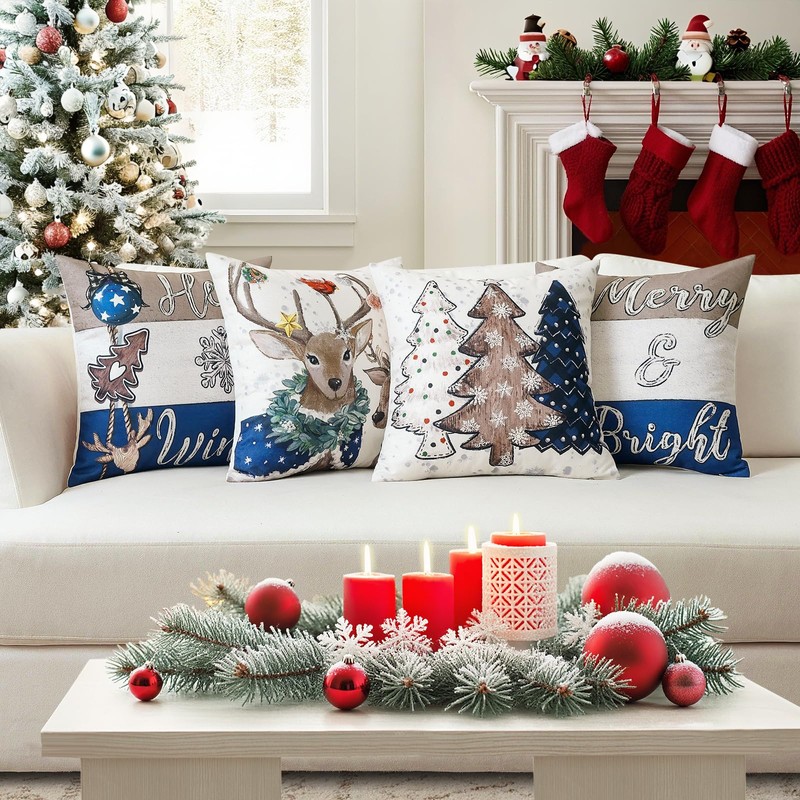 Christmas Throw Pillow Covers 16x16 Inch Set of 4, Merry
