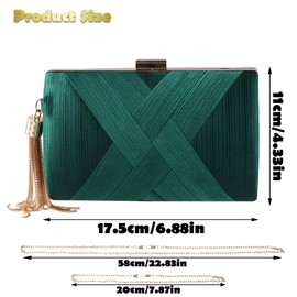 Amexo Women's Evening Clutch Bag, Elegant Tassel Handbags Purse Hard Case Satin Evening Clutch Bag Ladies Prom Party Handbag with Detachable Chain Vintage Crossbody Shoulder Bag (Green)
