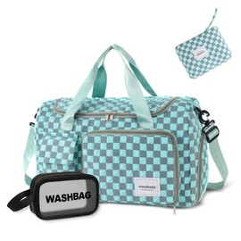 WOOMADA Foldable Travel Duffel Bag with Shoes Compartment, Overnight Bag with Wet Pocket, Weekender Carry On with cosmetic bag for Women(turquoise checkerboard)