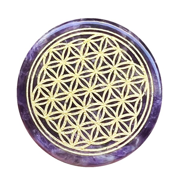 Neyisaa 35mm Round Engraved Flower of Life Pocket Palm Stone, Polished Flat Geometry Grid Flowers Crystal for Healing Chakra Reiki Balancing Meditation, Amethyst