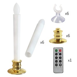 Window Candles with Remote Timers 6PCS Battery Operated Flickering Flameless Led Electric Candle Lights with Gold Base and Suction Cups Taper Candles Holder for Christmas Decorations