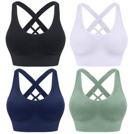 HANERDUN Women's Mittle Support Sports Bra Crossback Push Up Yoga Bra Seamless Without Underwire with Removable Padded for Fitness Running Jogging, 4 Pieces (Black+White+Navy Blue+Light Green)