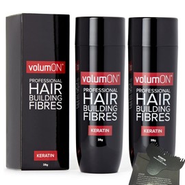 Hair Fibres x2 VOLUMON Keratin Hair Building Fibres for Thinning Hair - Instantly Conceals Thinning Areas for Fuller Thicker Hair - For Men & Women 28g x2 + Hairline Optimiser (Light Brown)