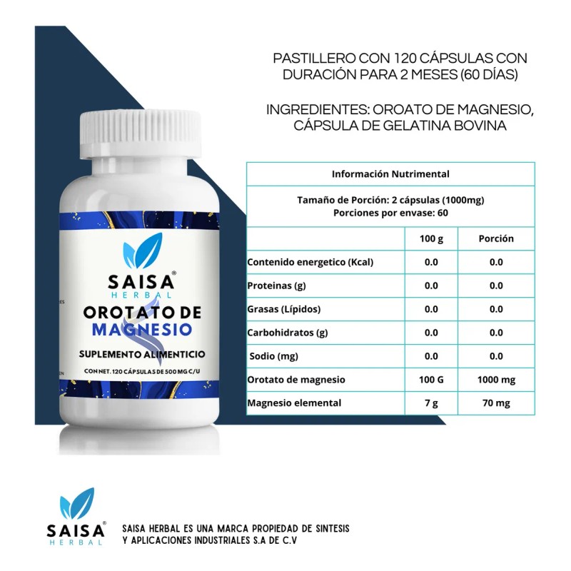 Orotato De Magnesio 100% Puro De 120 Cápsulas Saisa Herbal